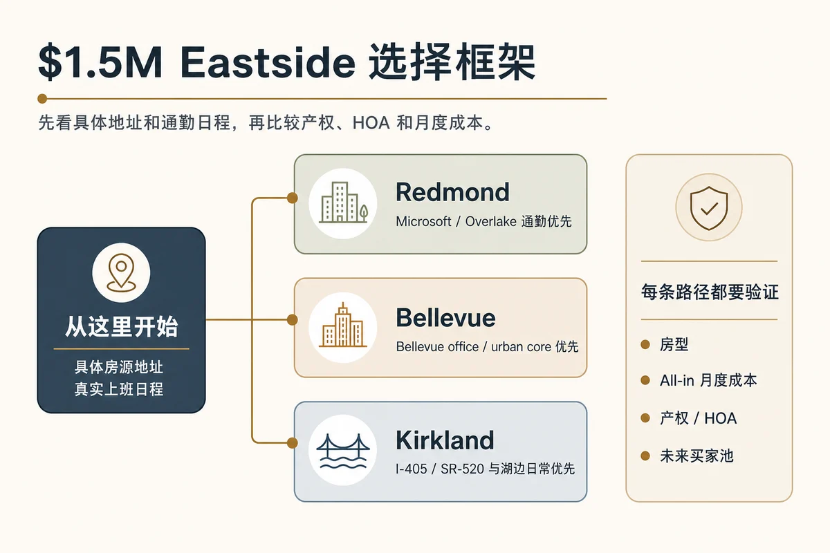 1.5M 预算内 Eastside 技术买家比较 Redmond、Bellevue 和 Kirkland 的选择框架
