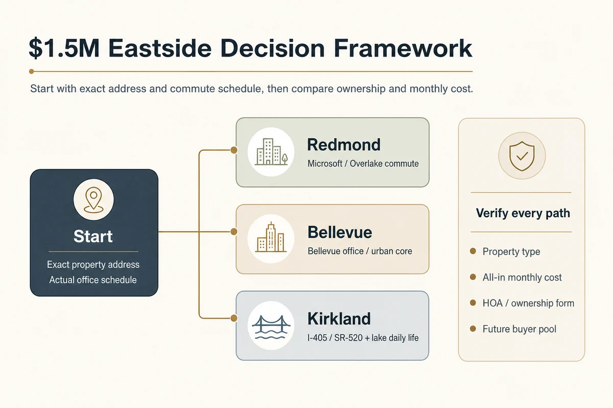 Decision framework comparing Redmond, Bellevue, and Kirkland for Eastside tech buyers under a 1.5 million dollar budget