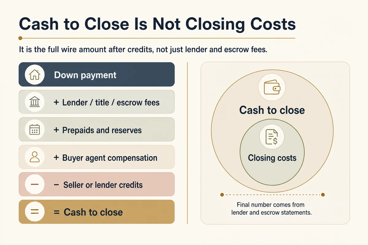 Cash to close structure showing down payment, fees, prepaids, buyer agent compensation, credits, and closing costs