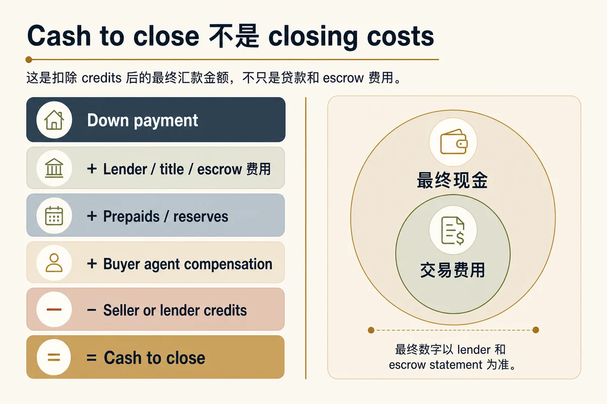 Cash to close 结构图,显示 down payment、交易费用、prepaids、buyer agent compensation、credits 和最终现金