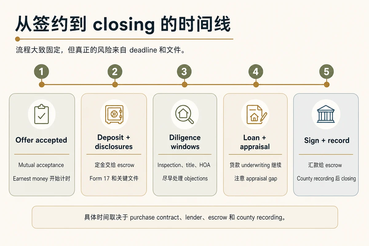 华盛顿州从签约到 closing 的时间线,涵盖定金、disclosures、diligence、贷款、appraisal、signing 和 recording