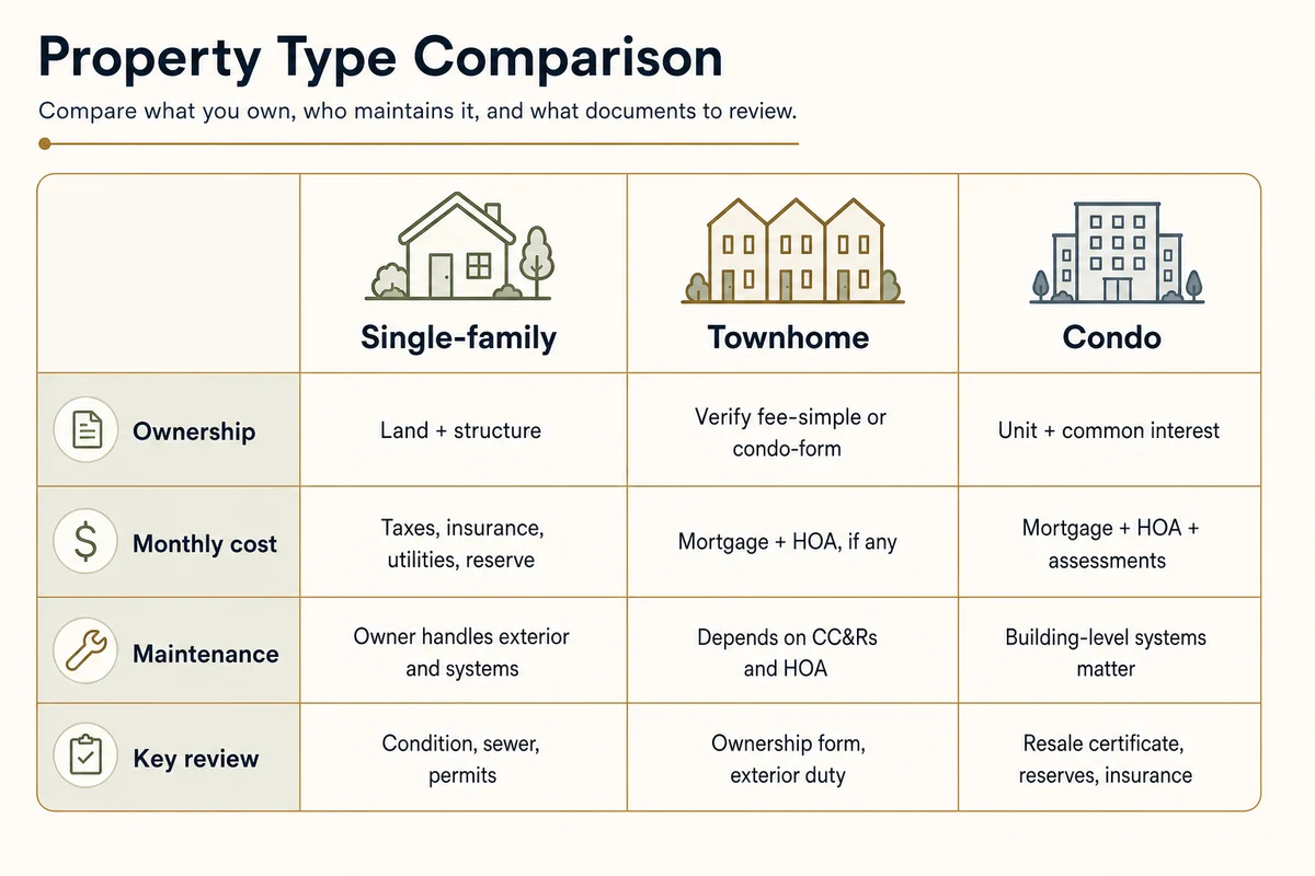 Comparison matrix for single-family homes, townhomes, and condos in Greater Seattle