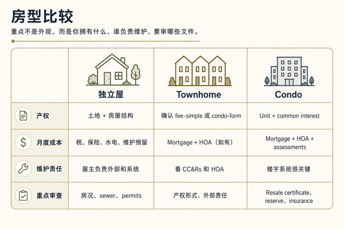Greater Seattle 独立屋、townhome 和 condo 的房型比较矩阵