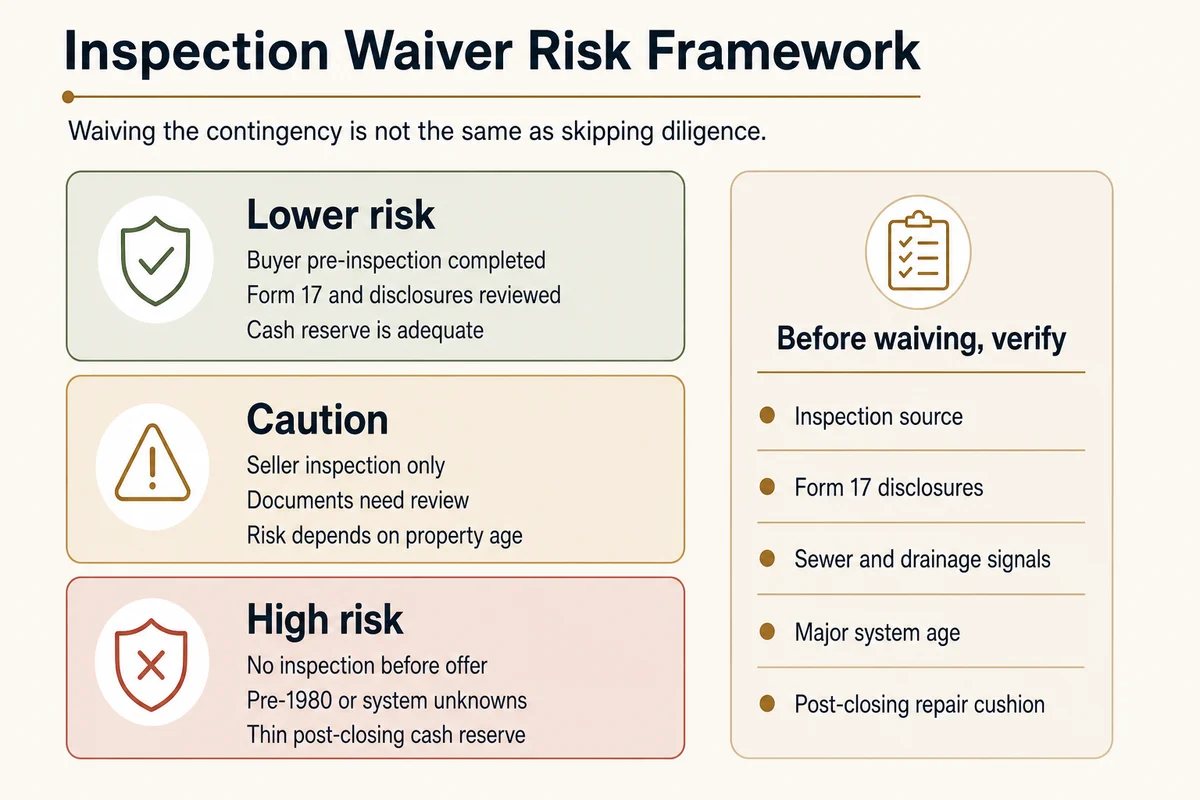 Inspection waiver risk framework showing lower-risk, caution, and high-risk scenarios before waiving inspection contingency