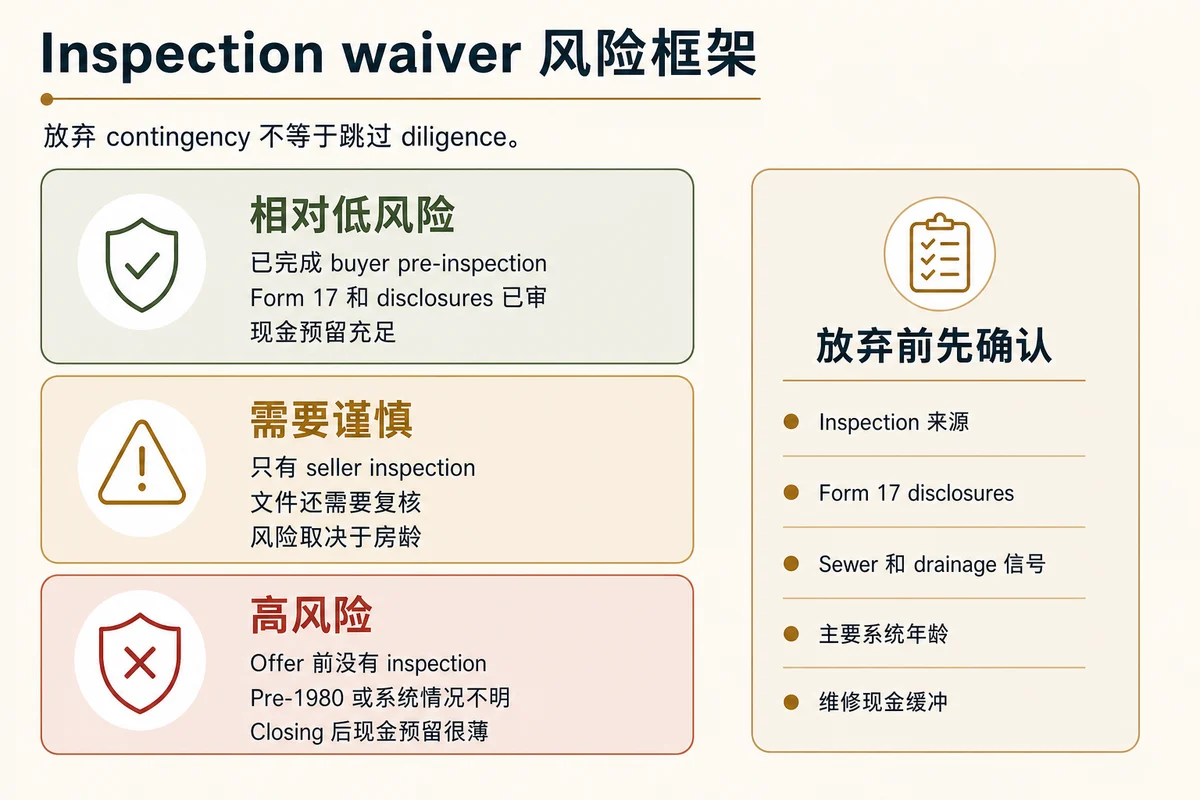 Inspection waiver 风险框架,比较相对低风险、需要谨慎和高风险的 waive inspection 情况