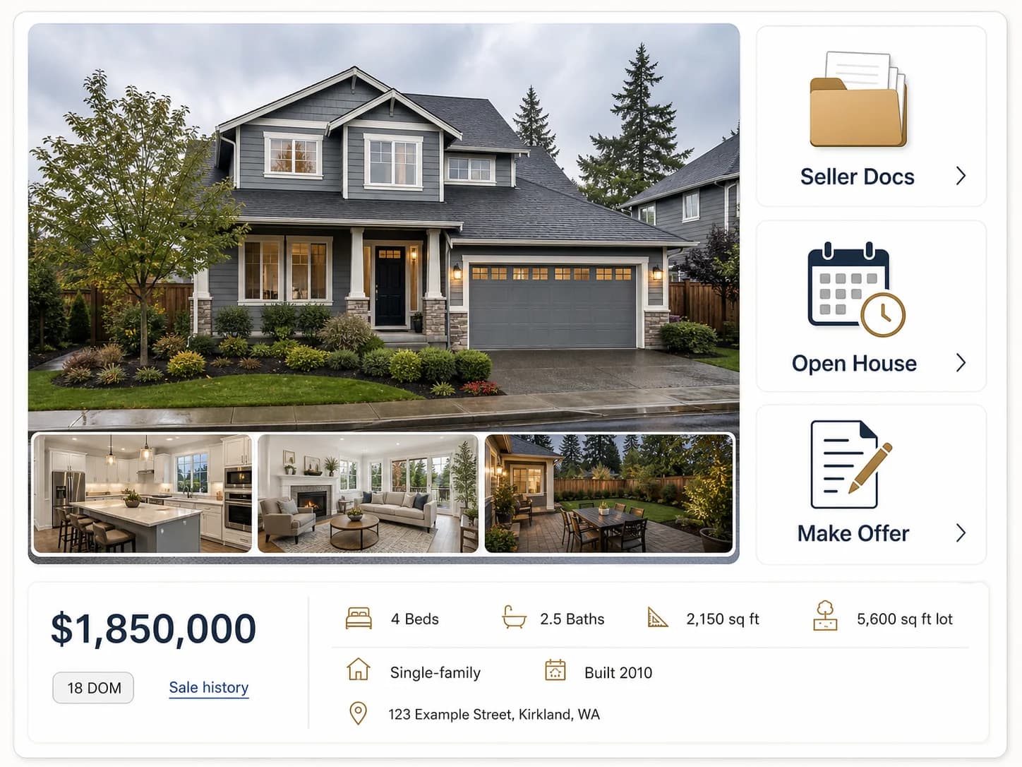 Synthetic listing card showing a Kirkland single-family home, listing details, seller documents, open house, and offer actions